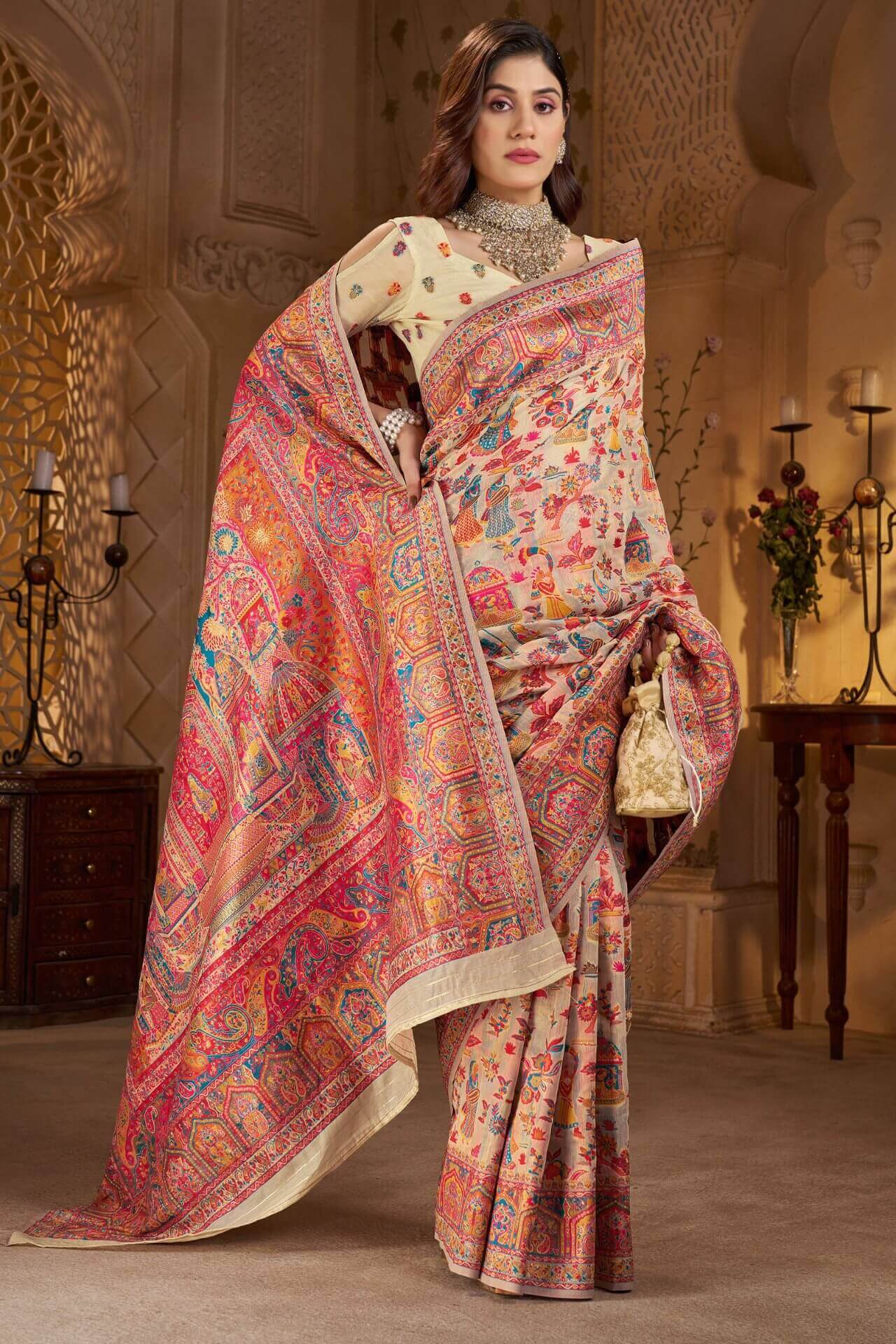 Forbearance Beige Pashmina Saree With Symmetrical Blouse Piece