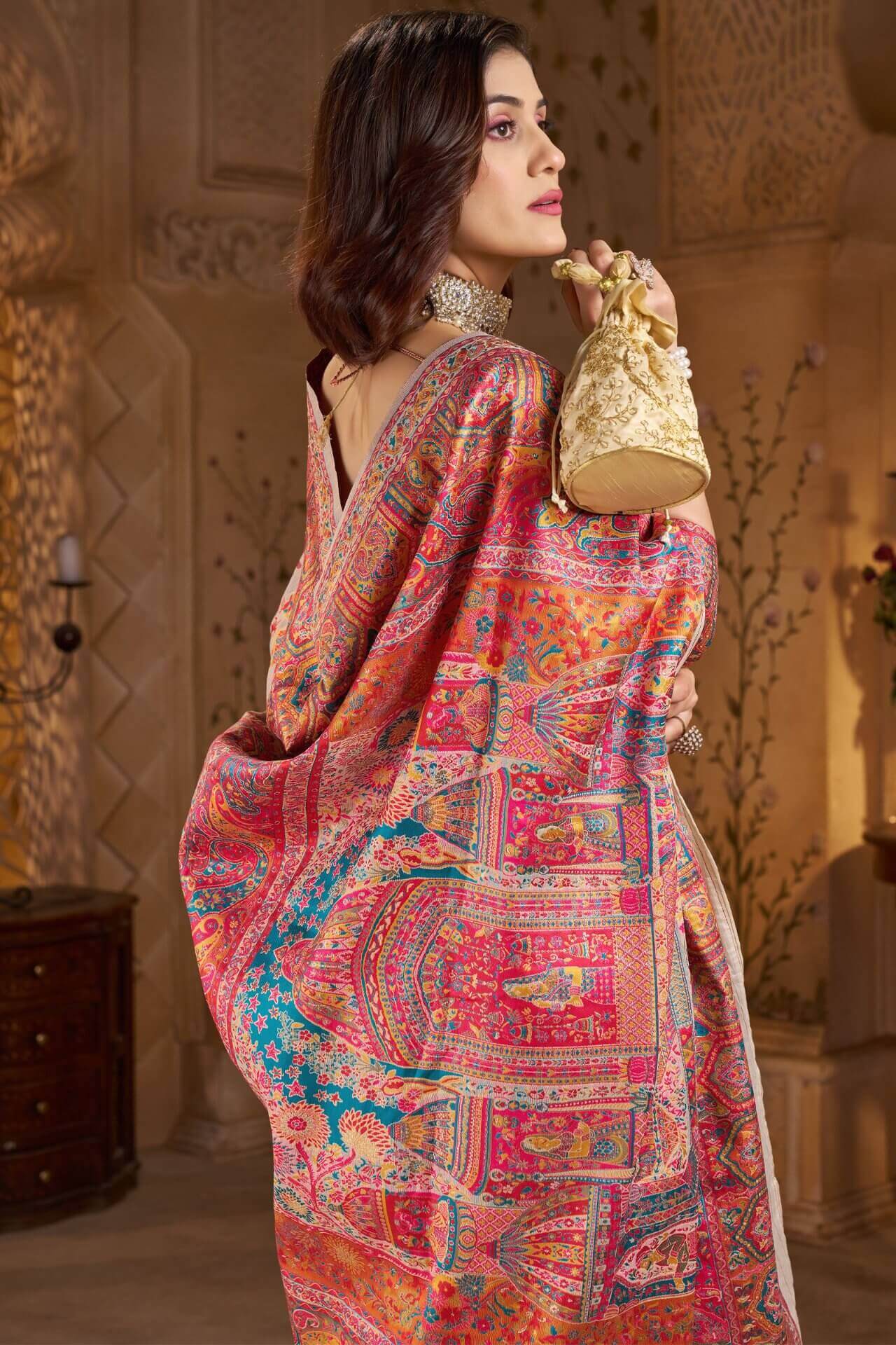 Forbearance Beige Pashmina Saree With Symmetrical Blouse Piece