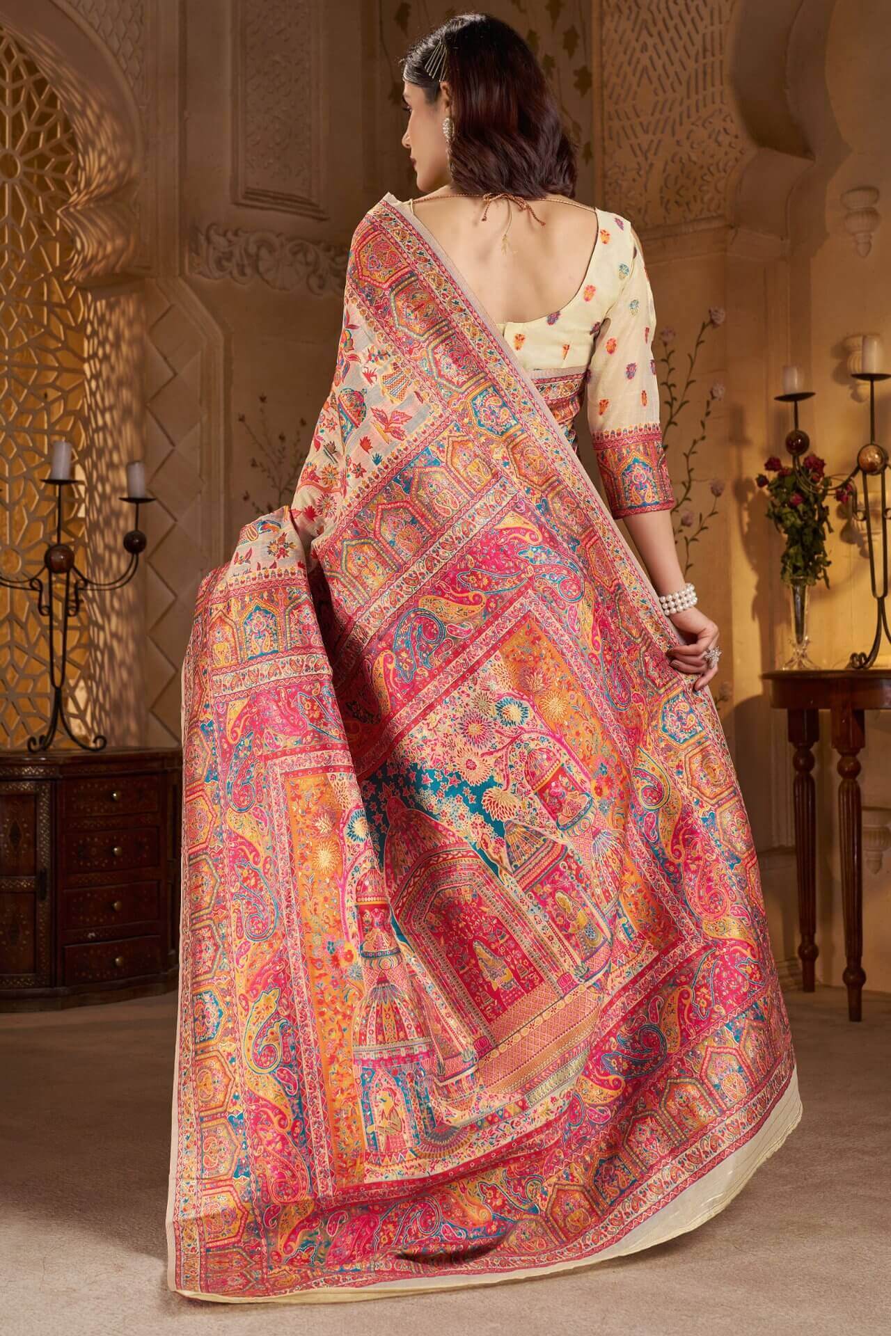 Forbearance Beige Pashmina Saree With Symmetrical Blouse Piece