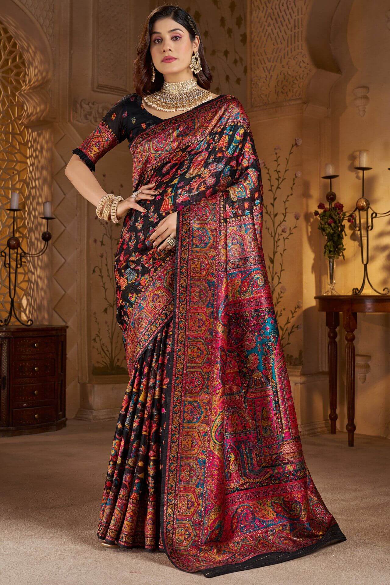 Gratifying Black Pashmina Saree With Woebegone Blouse Piece