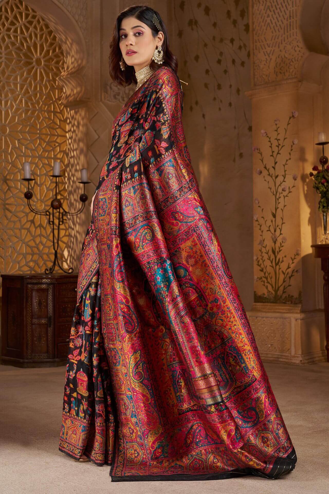 Gratifying Black Pashmina Saree With Woebegone Blouse Piece