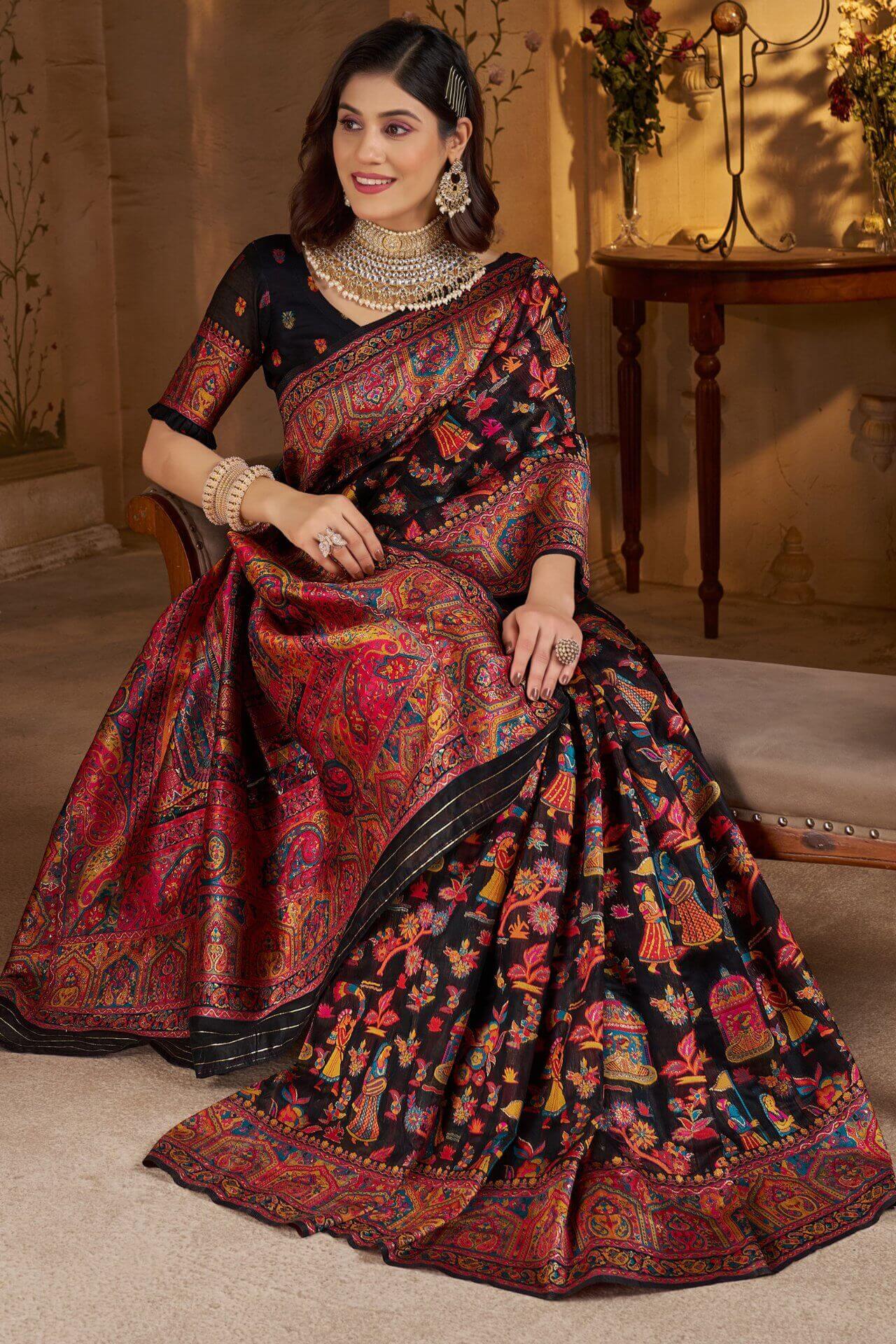 Gratifying Black Pashmina Saree With Woebegone Blouse Piece