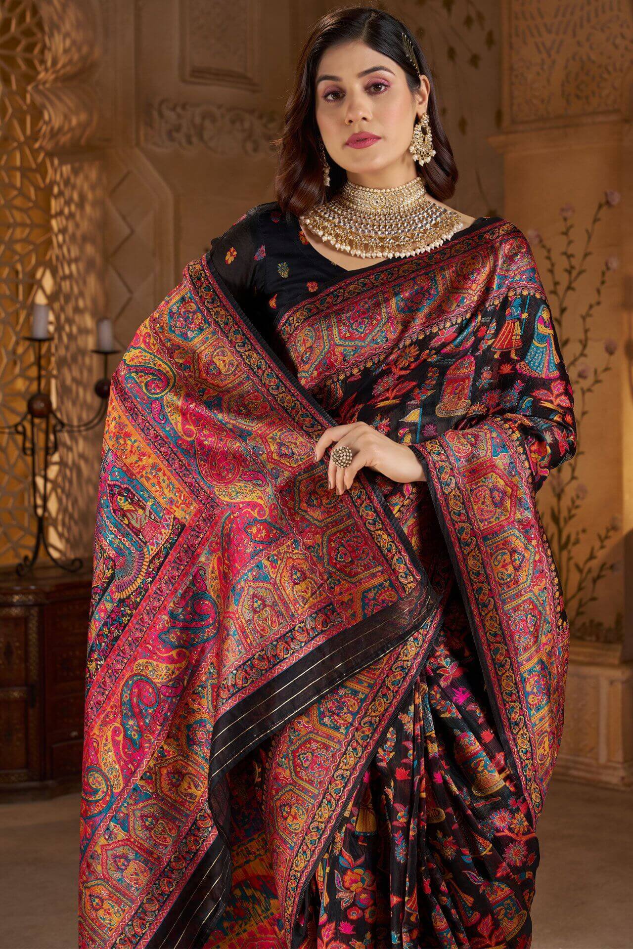 Gratifying Black Pashmina Saree With Woebegone Blouse Piece