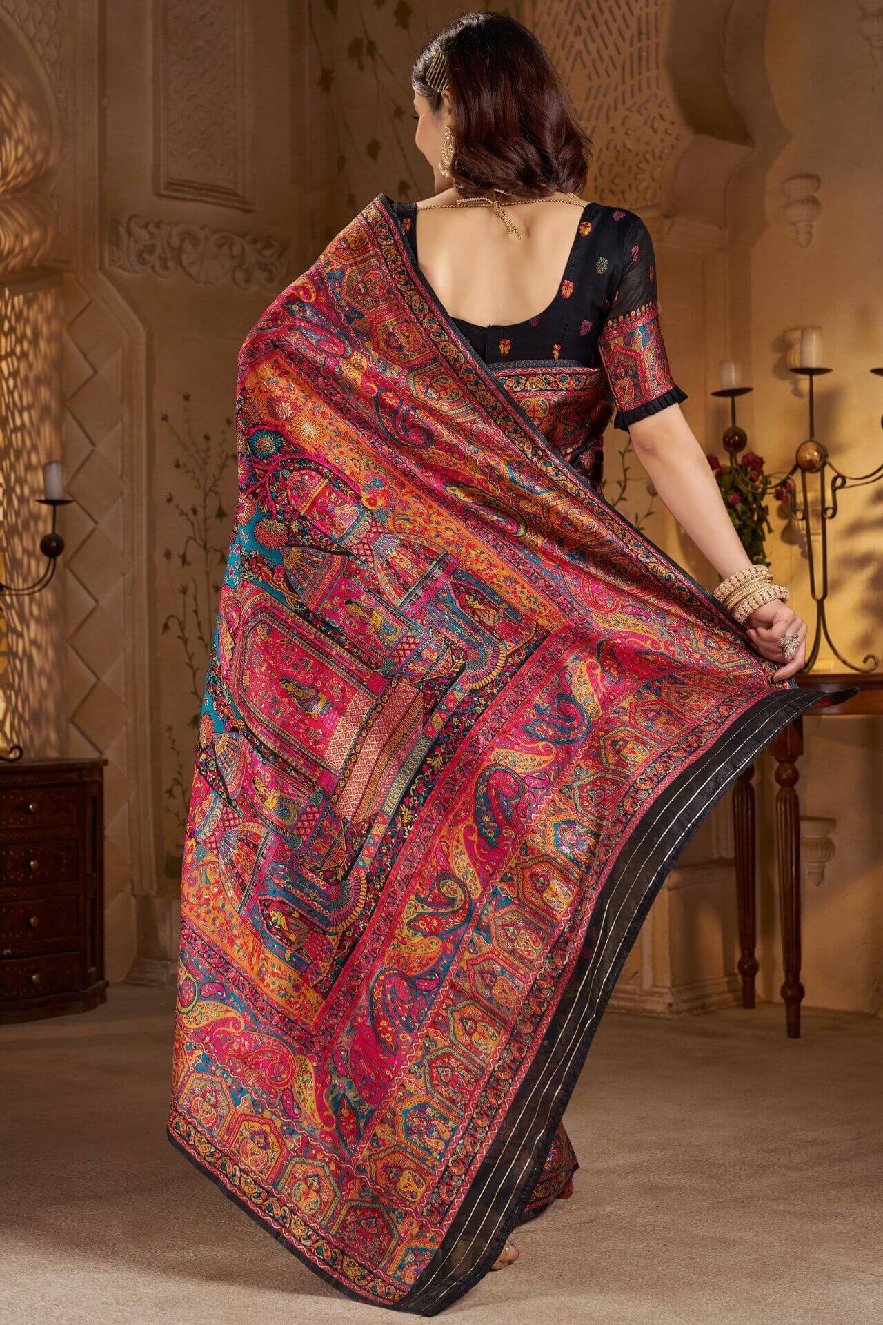 Gratifying Black Pashmina Saree With Woebegone Blouse Piece
