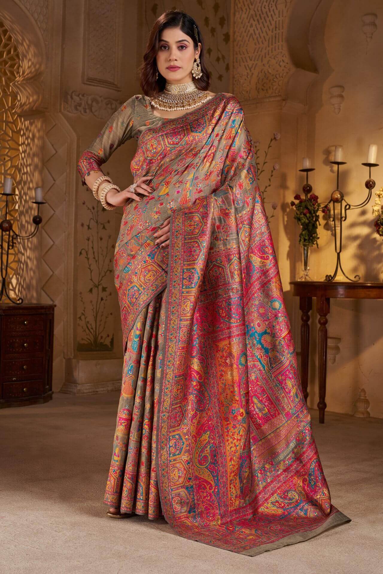 Dissemble Grey Pashmina Saree With Super classy Blouse Piece