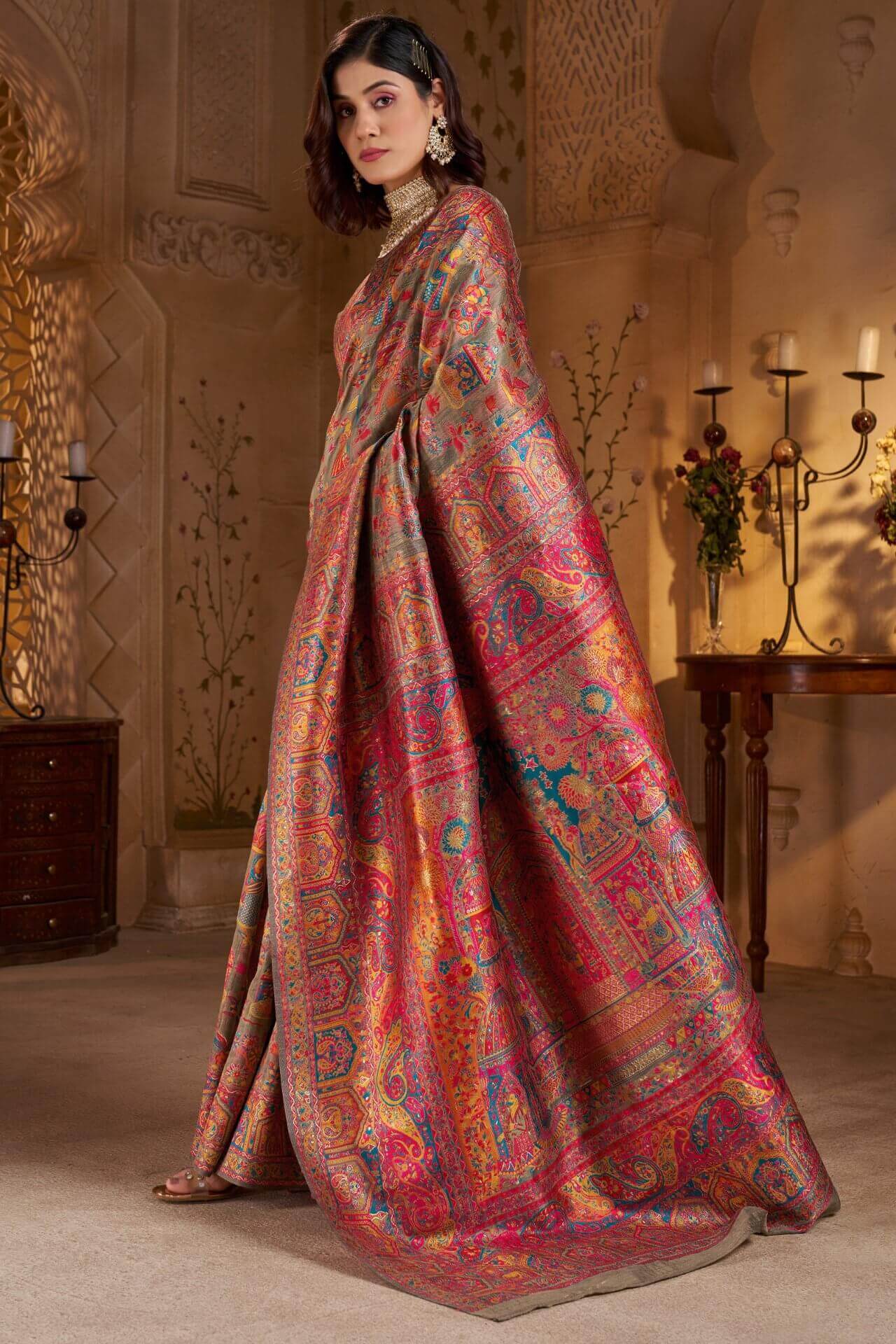 Dissemble Grey Pashmina Saree With Super classy Blouse Piece