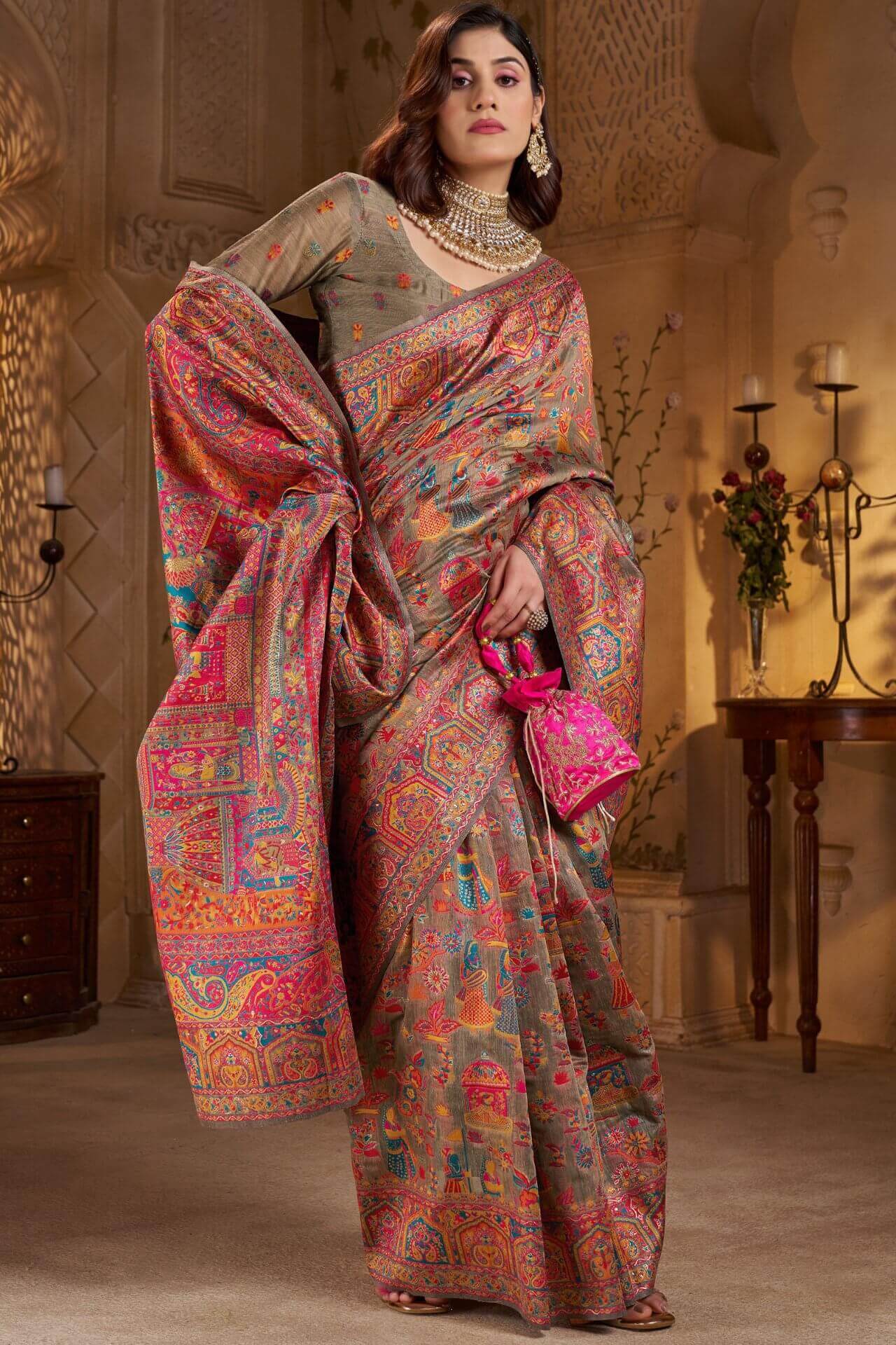 Dissemble Grey Pashmina Saree With Super classy Blouse Piece