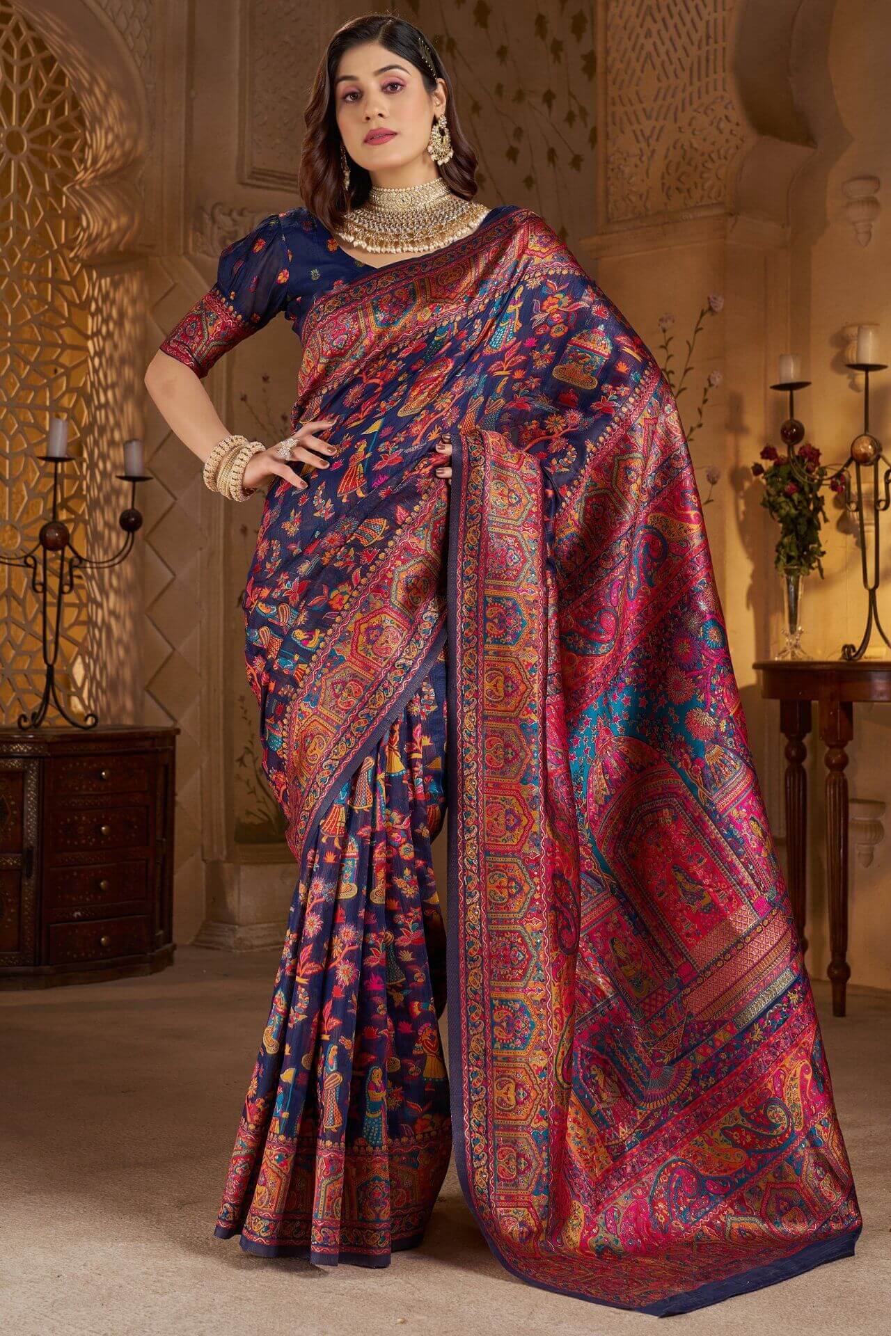 Amazing Navy Blue Pashmina Saree With Captivating Blouse Piece