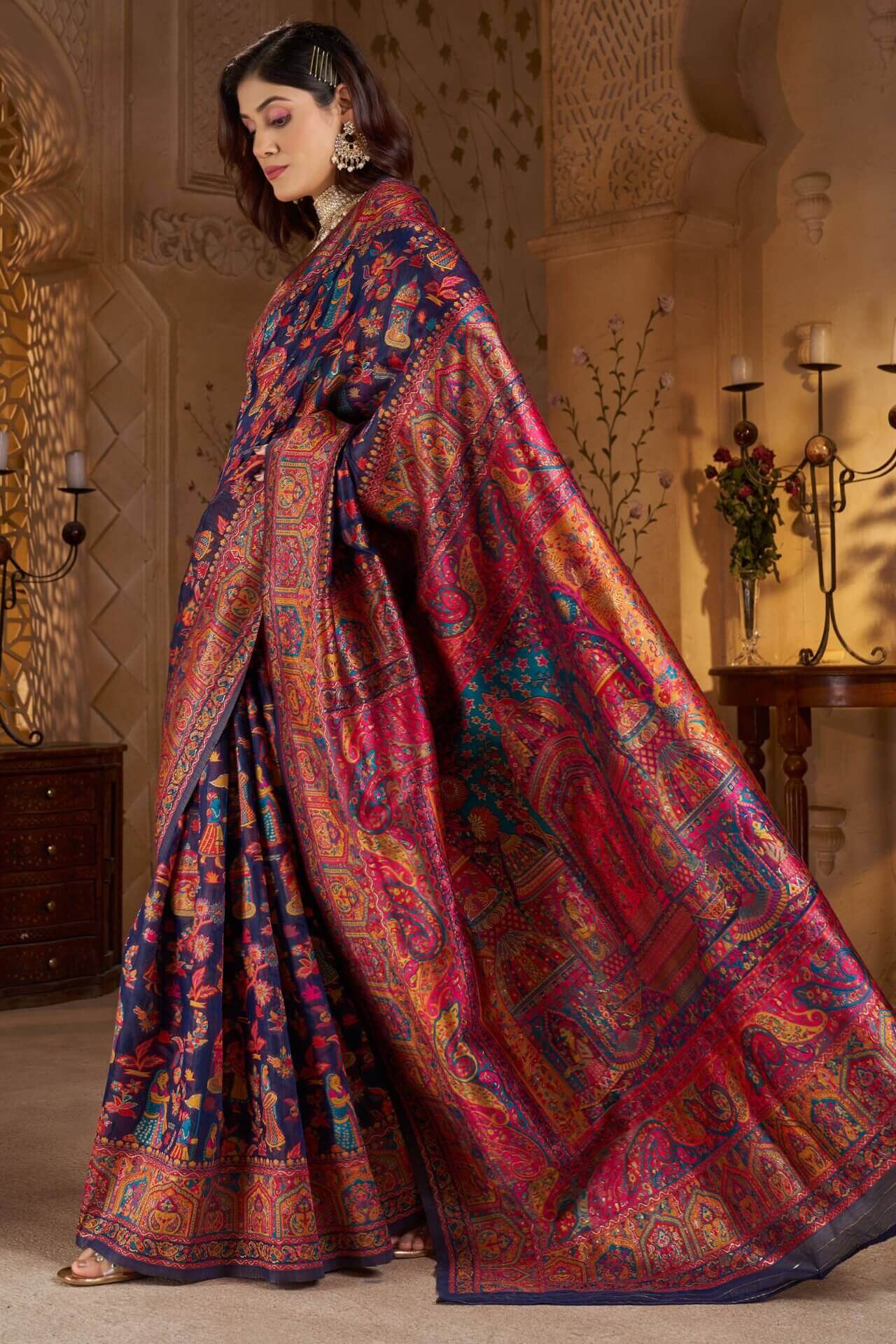 Amazing Navy Blue Pashmina Saree With Captivating Blouse Piece