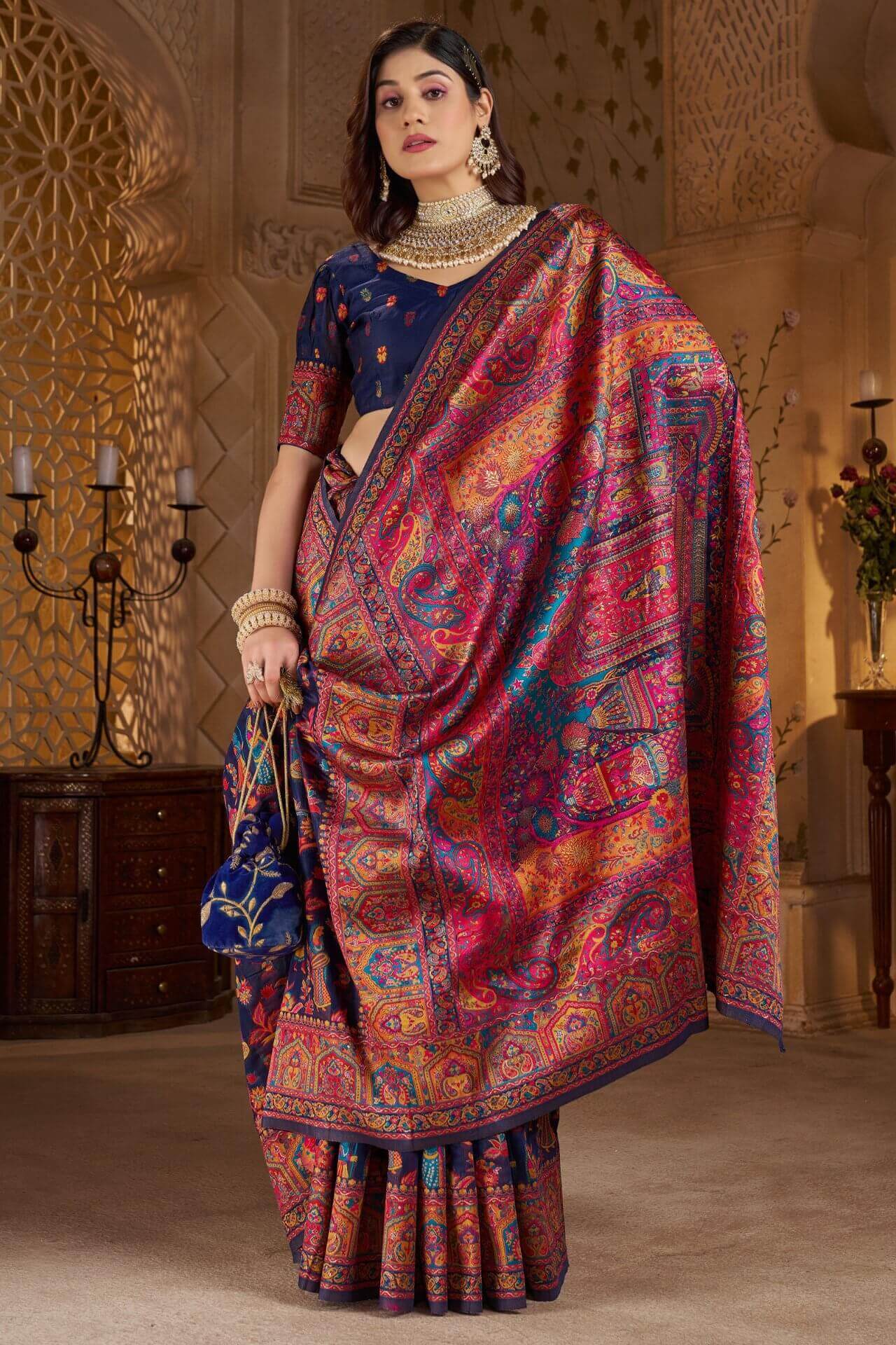 Amazing Navy Blue Pashmina Saree With Captivating Blouse Piece