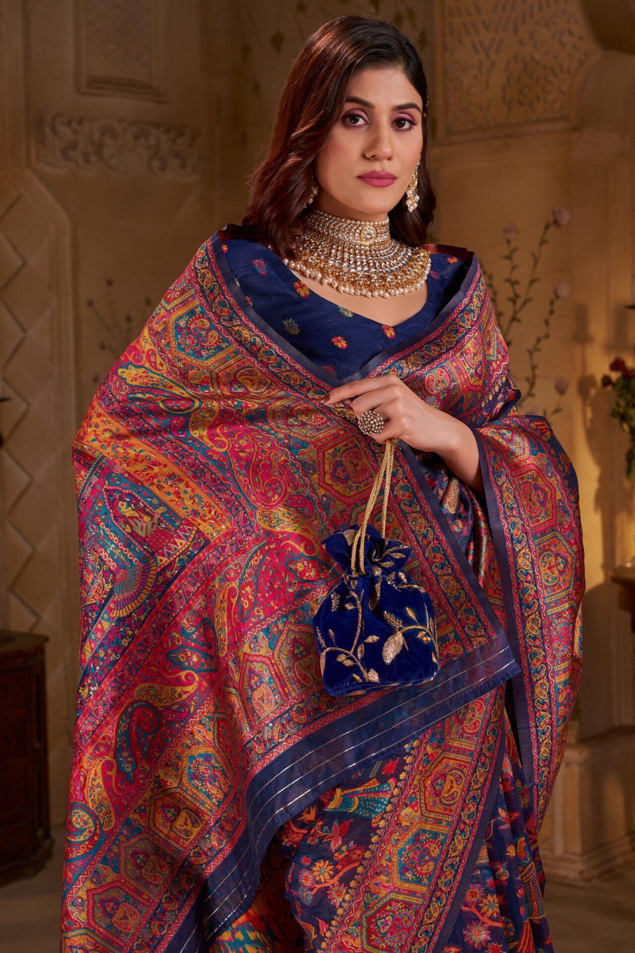 Amazing Navy Blue Pashmina Saree With Captivating Blouse Piece