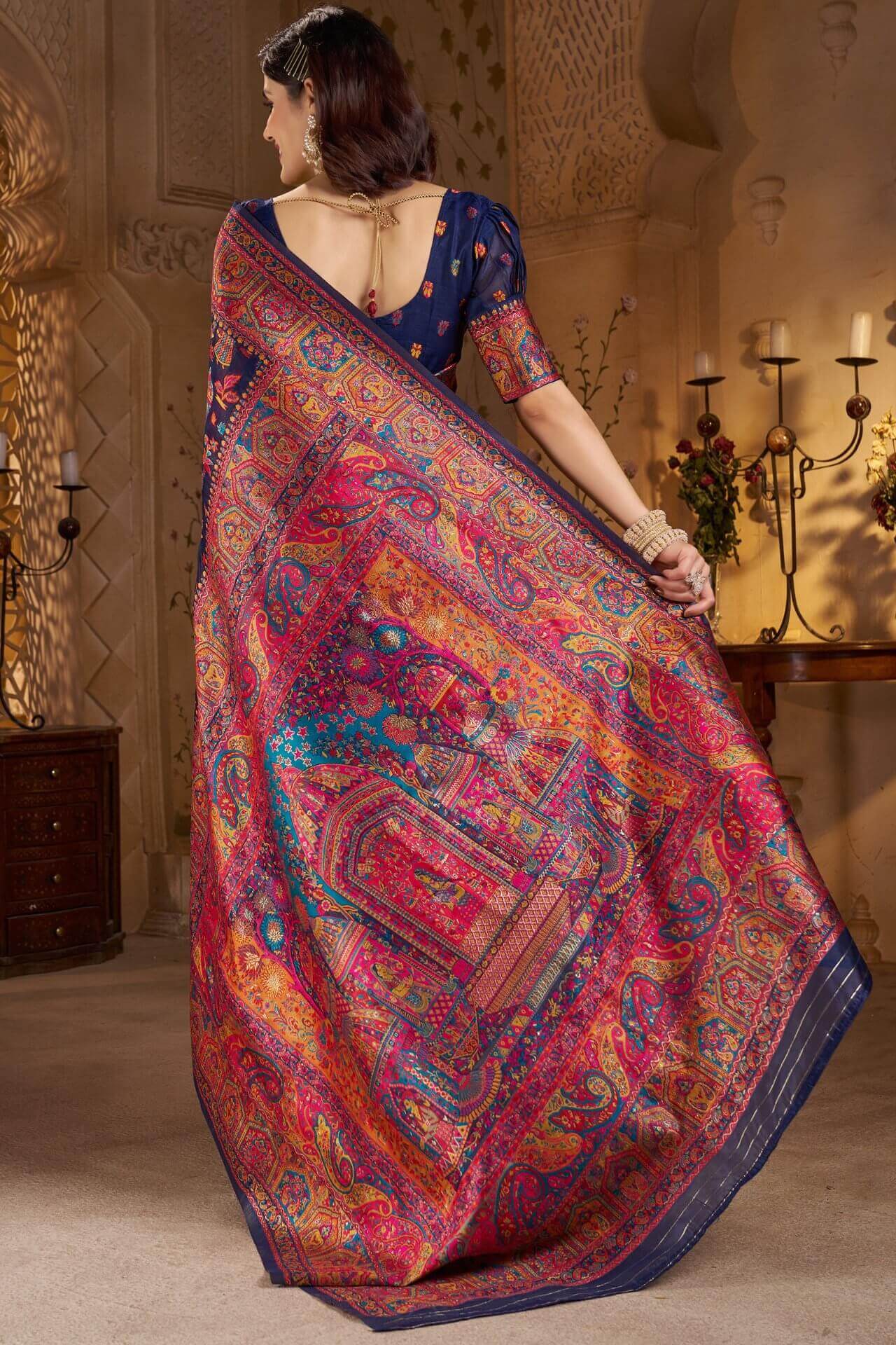 Amazing Navy Blue Pashmina Saree With Captivating Blouse Piece