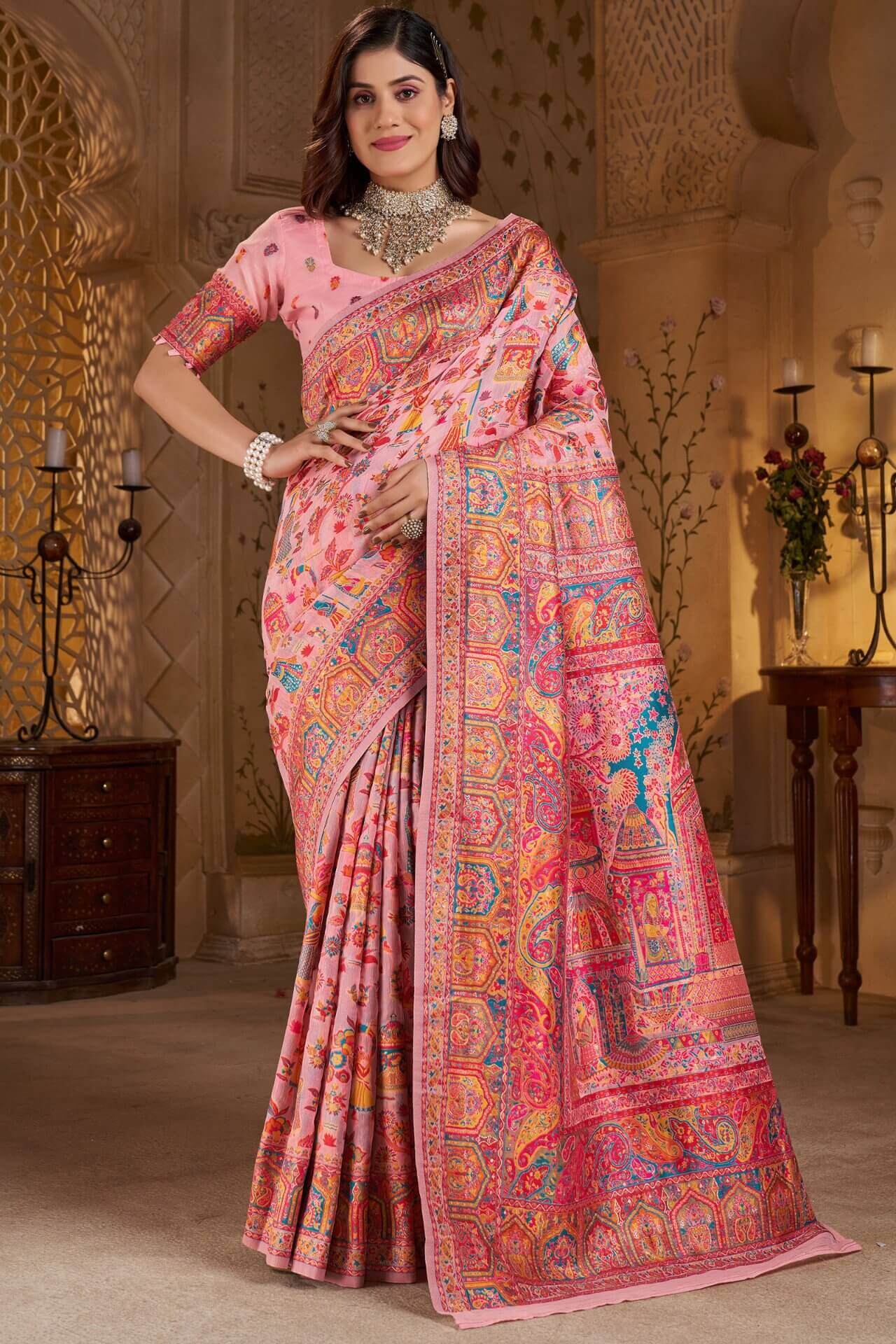 Sempiternal Pink Pashmina Saree With Mellifluous Blouse Piece
