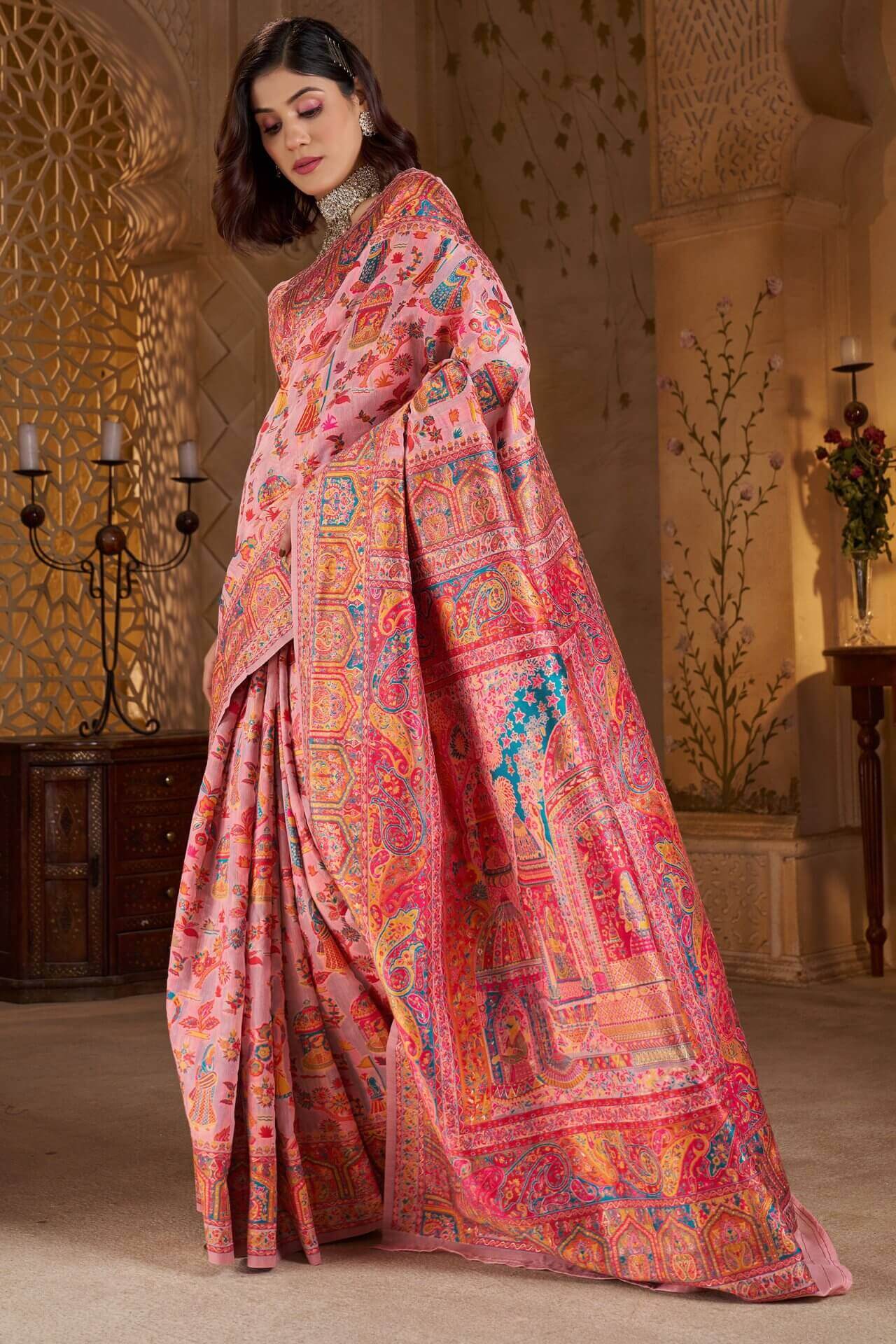 Sempiternal Pink Pashmina Saree With Mellifluous Blouse Piece