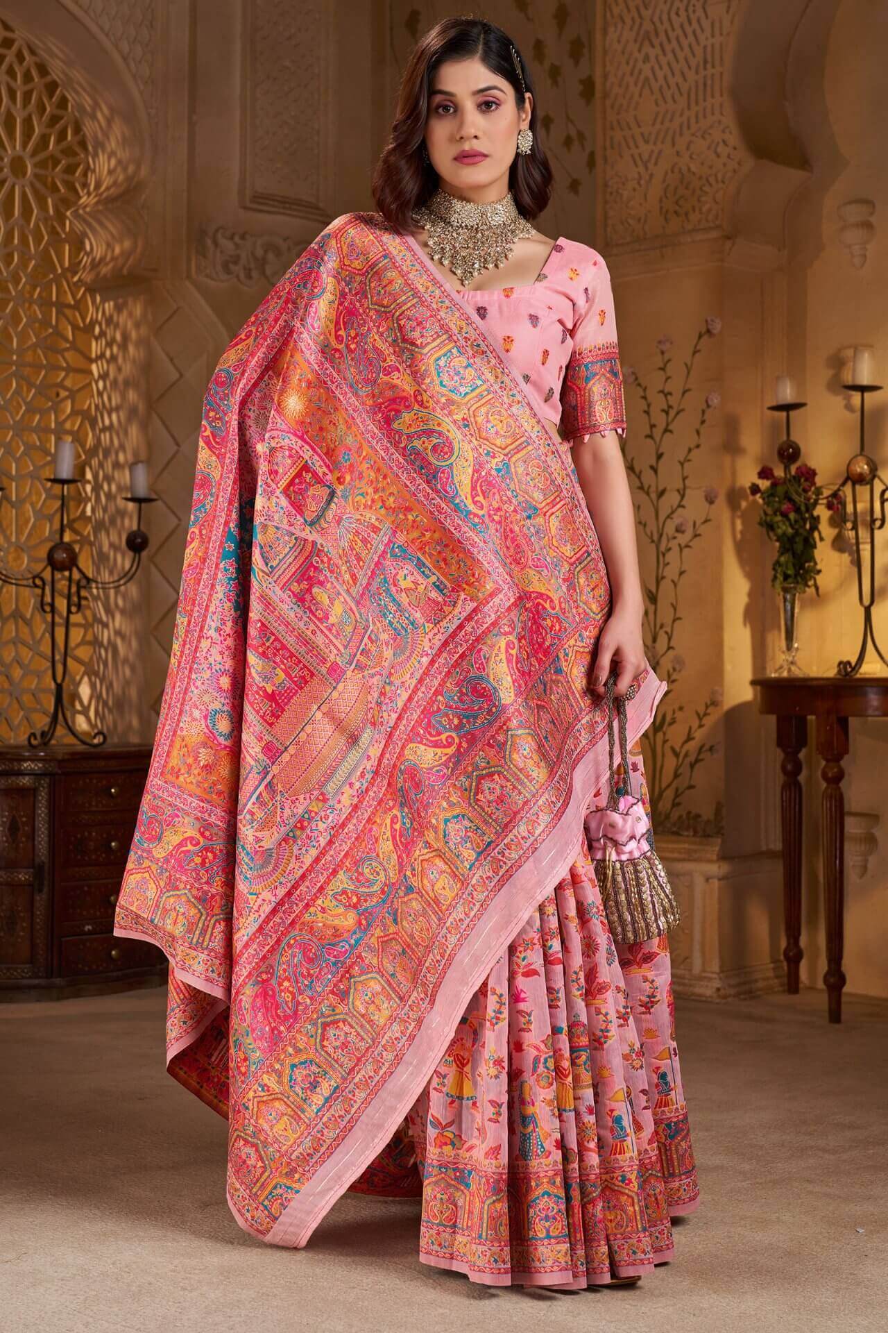 Sempiternal Pink Pashmina Saree With Mellifluous Blouse Piece