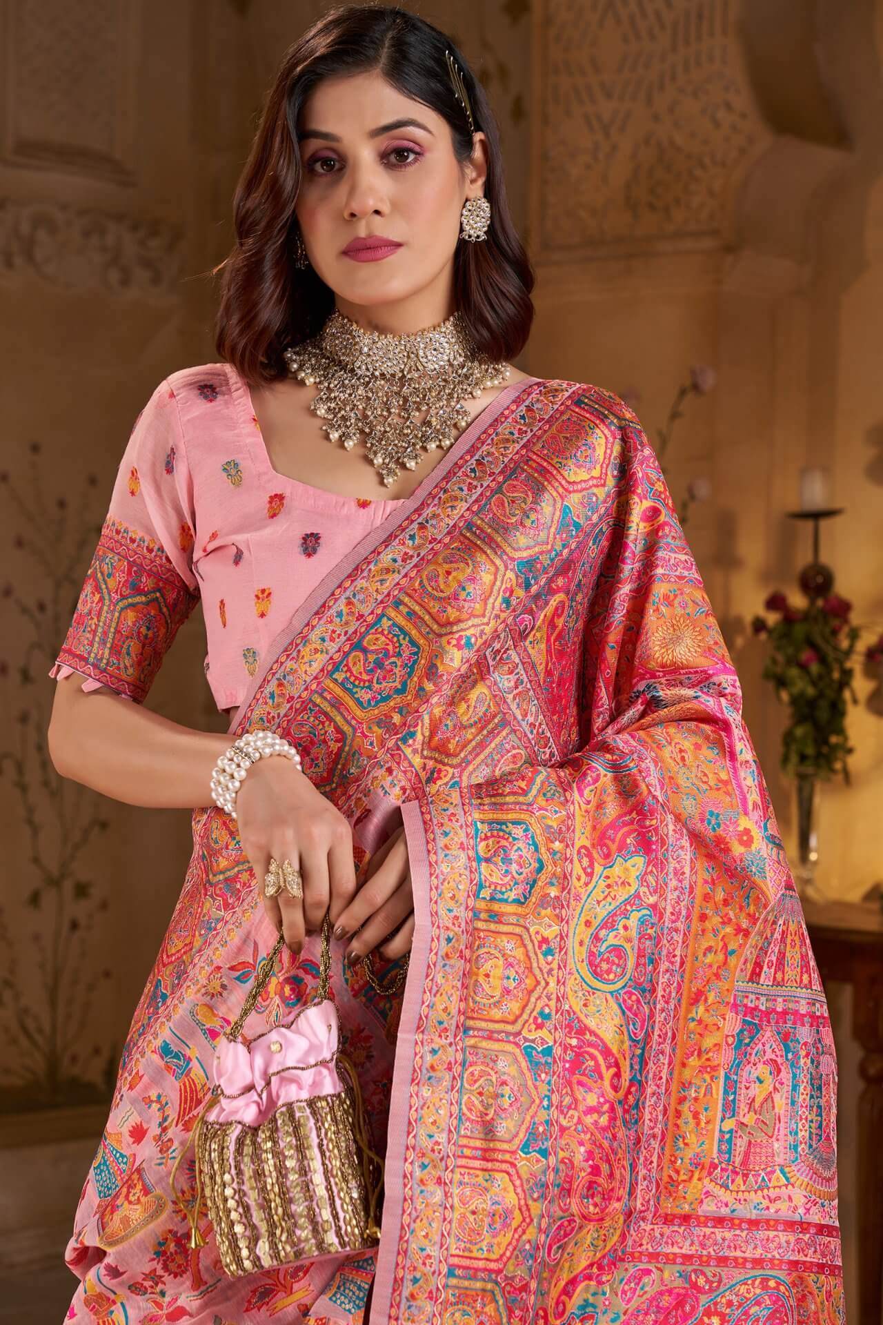 Sempiternal Pink Pashmina Saree With Mellifluous Blouse Piece