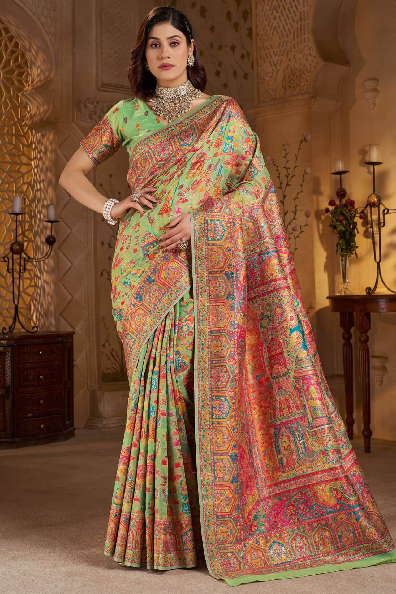 Eye-catching Pista Pashmina Saree With Exquisite Blouse Piece
