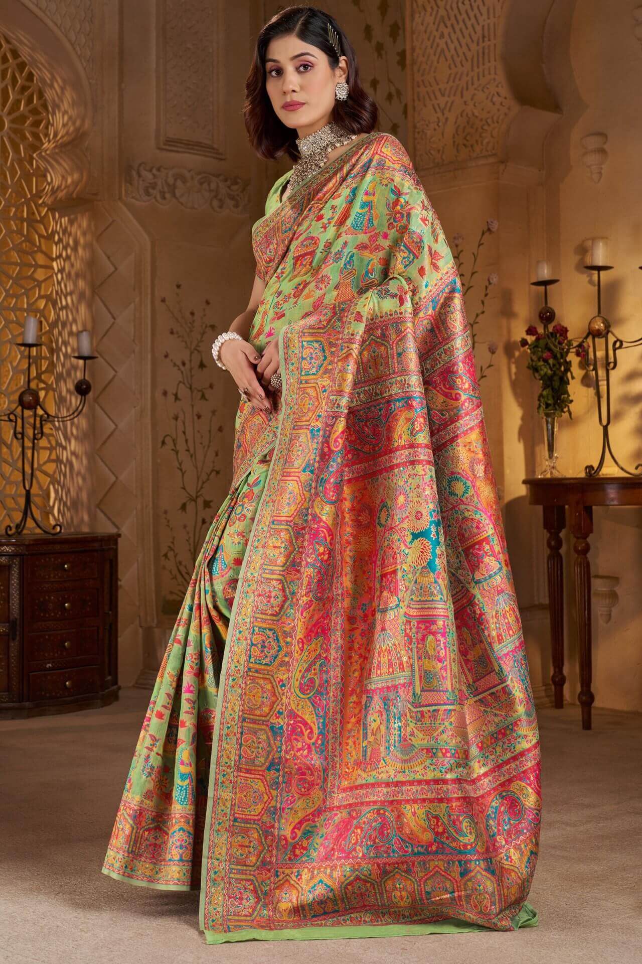 Eye-catching Pista Pashmina Saree With Exquisite Blouse Piece