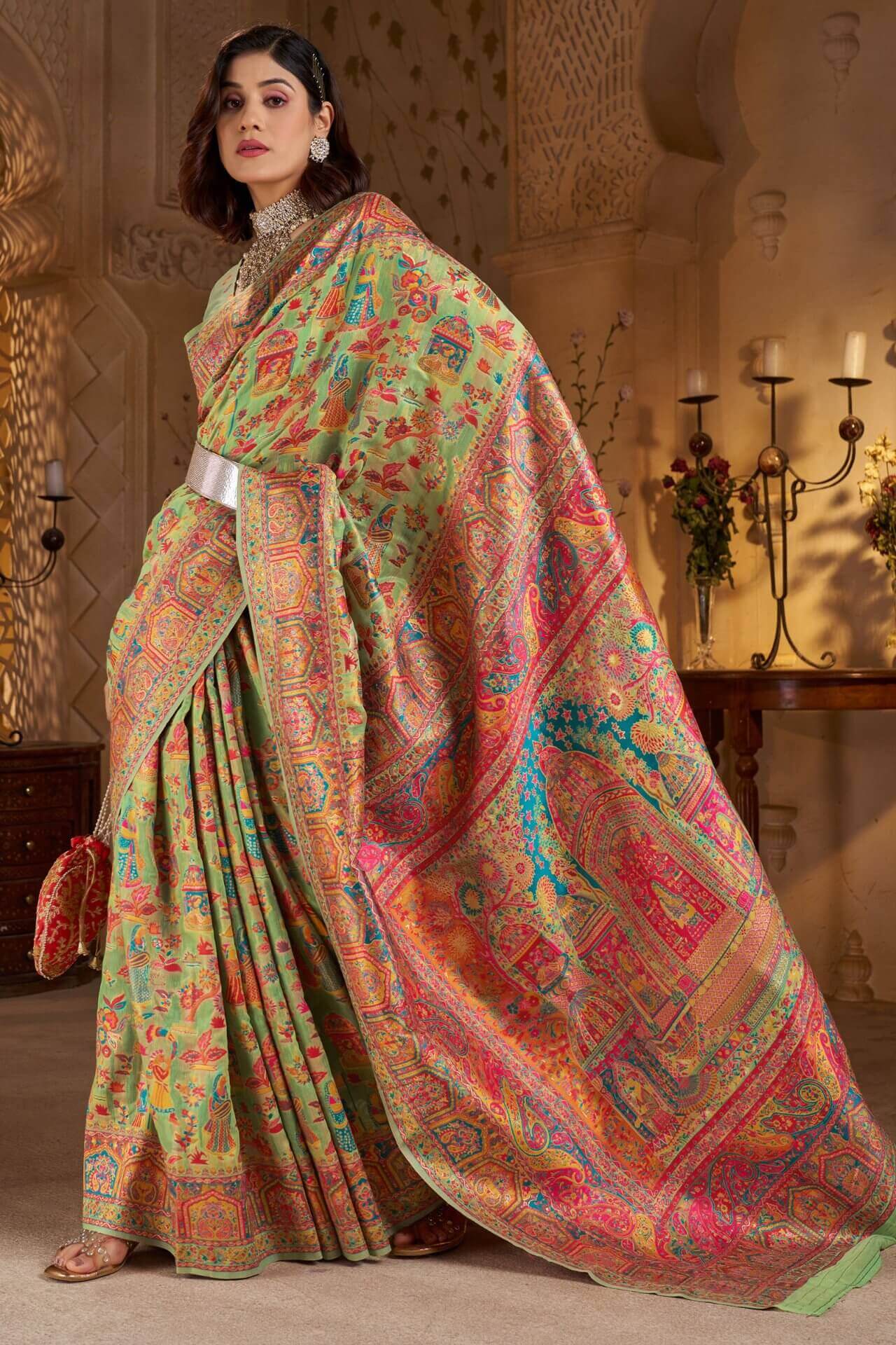Eye-catching Pista Pashmina Saree With Exquisite Blouse Piece