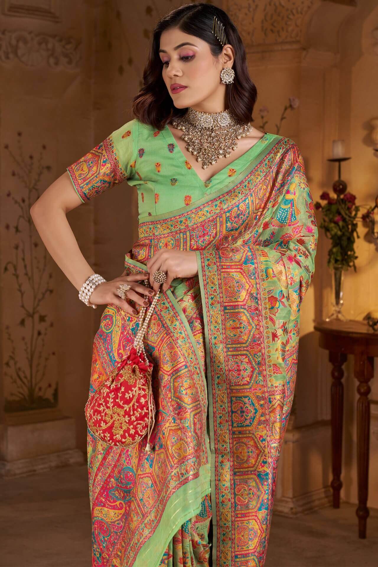 Eye-catching Pista Pashmina Saree With Exquisite Blouse Piece