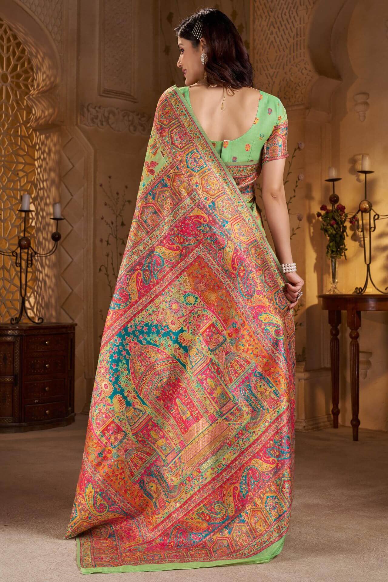 Eye-catching Pista Pashmina Saree With Exquisite Blouse Piece