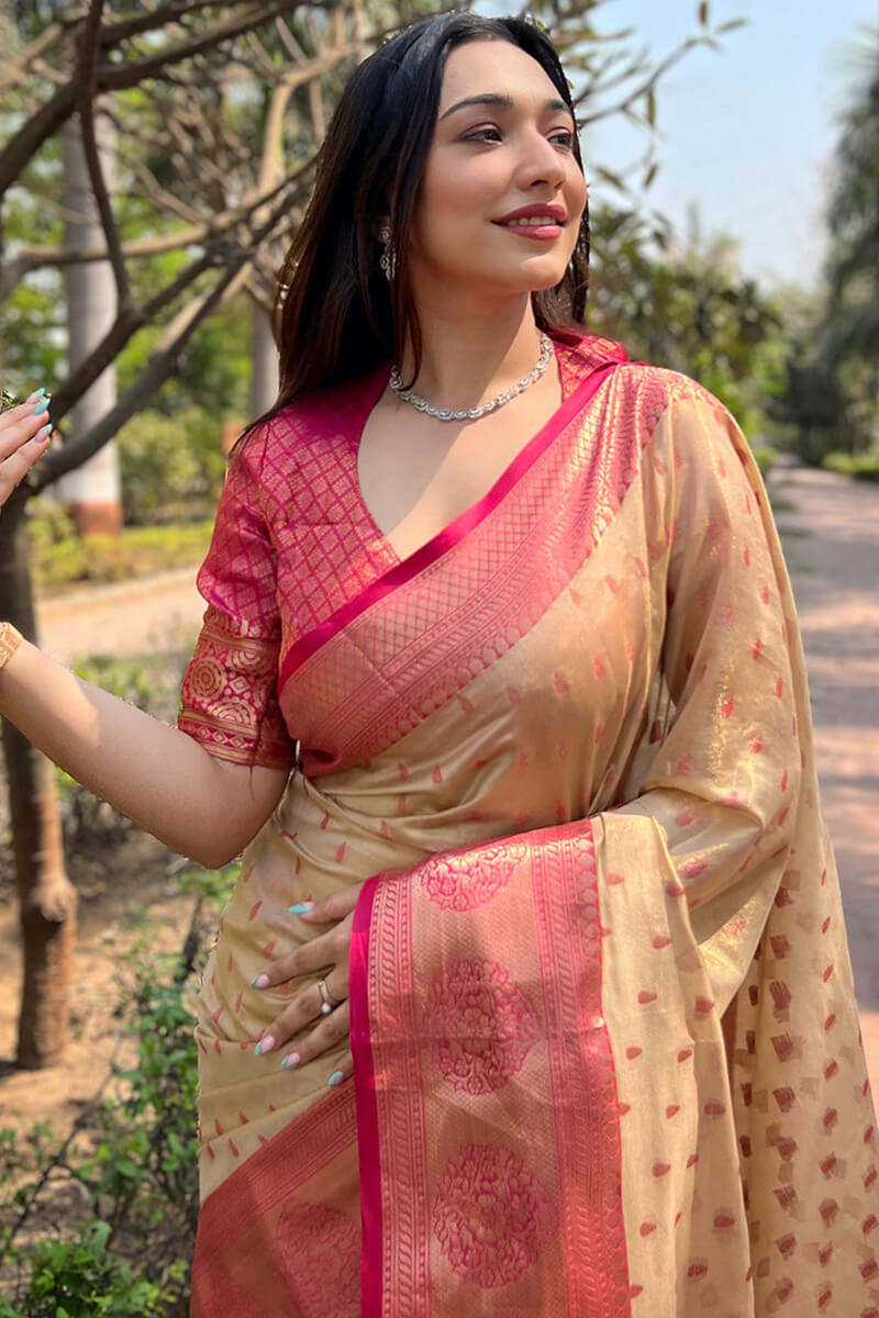 Stunner Beige Soft Banarasi Tissue Silk Saree With Pulsating Blouse Piece