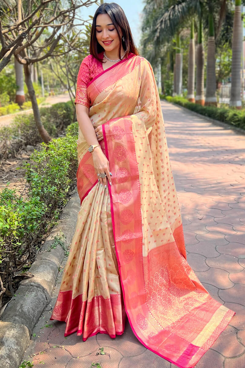 Stunner Beige Soft Banarasi Tissue Silk Saree With Pulsating Blouse Piece