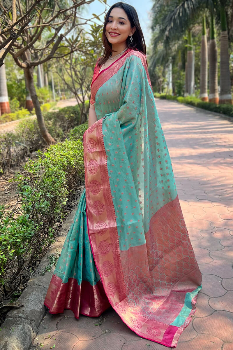 Allure Firozi Soft Banarasi Tissue Silk Saree With Piquant Blouse Piece