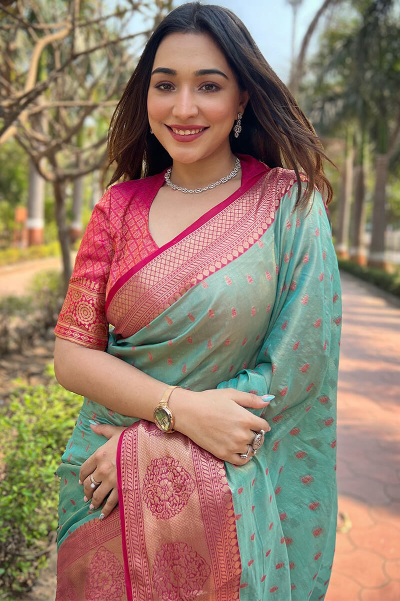 Allure Firozi Soft Banarasi Tissue Silk Saree With Piquant Blouse Piece