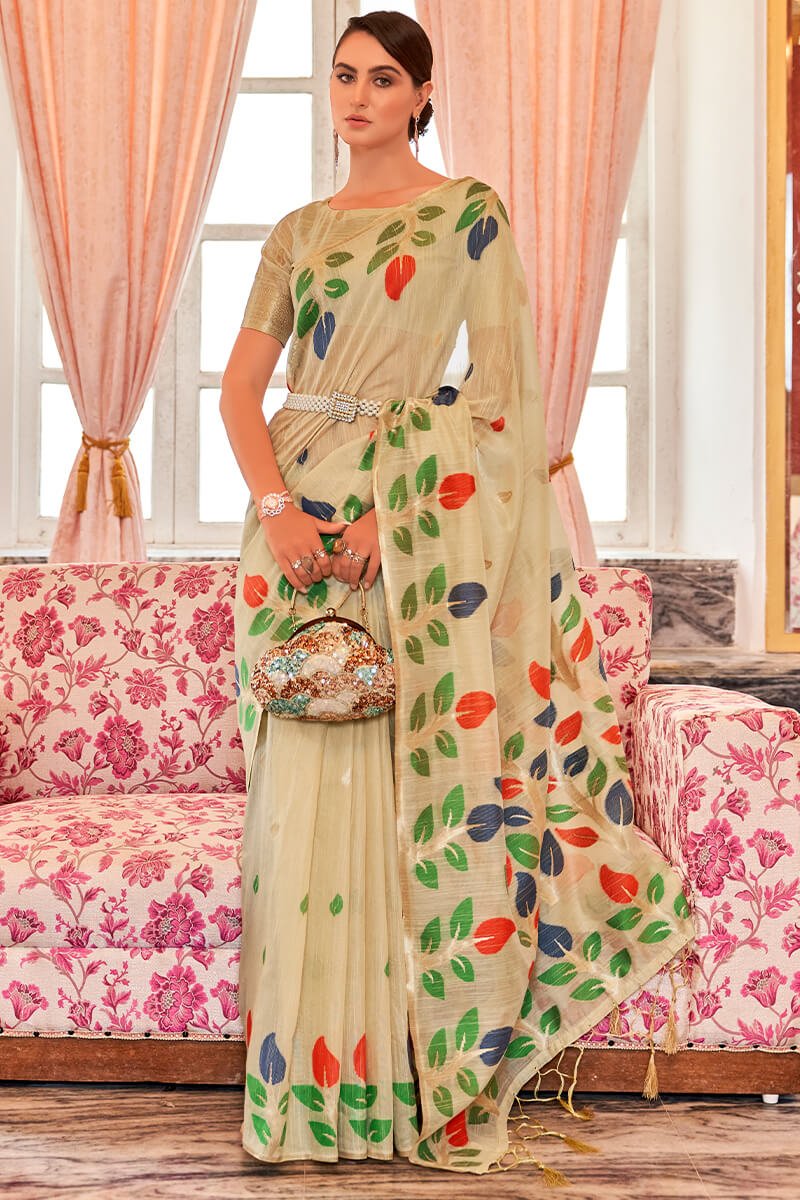Energetic Beige Cotton Silk Saree With Beguiling Blouse Piece