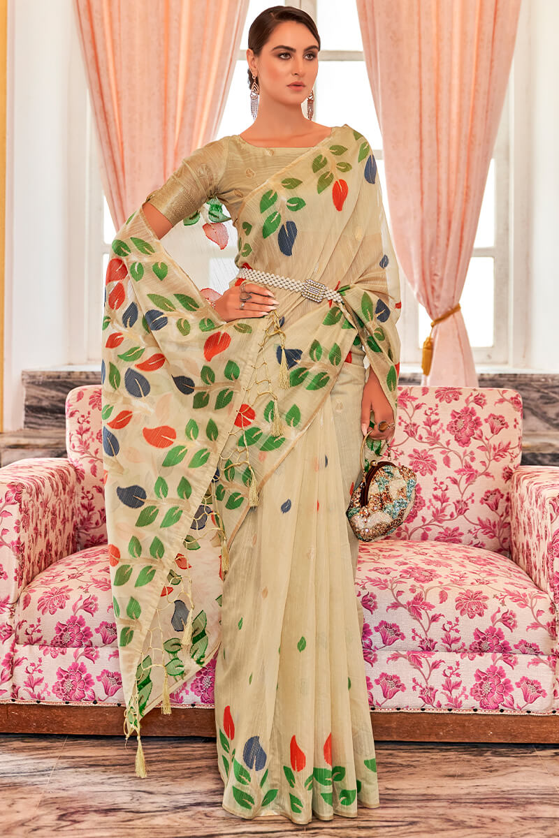 Energetic Beige Cotton Silk Saree With Beguiling Blouse Piece