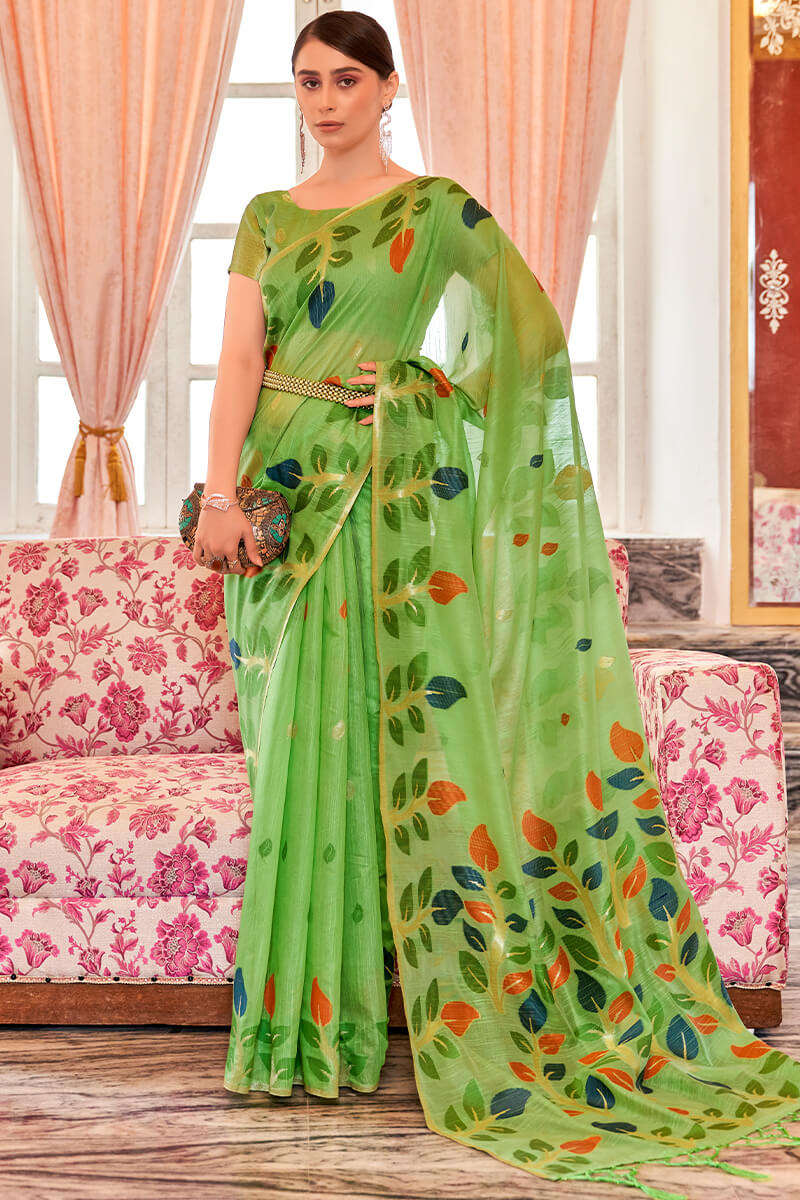 Glowing Green Cotton Silk Saree With Classy Blouse Piece