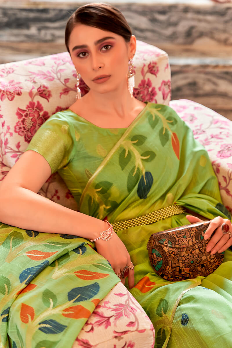 Glowing Green Cotton Silk Saree With Classy Blouse Piece