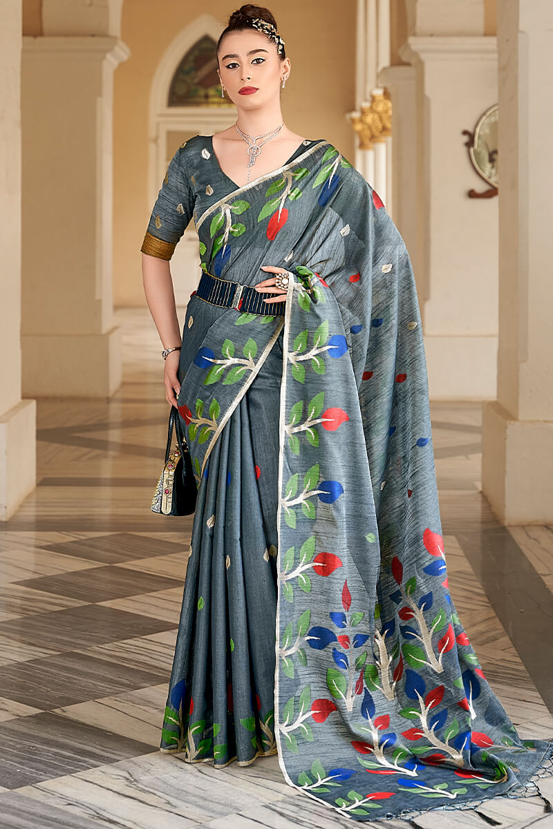 Adoring Grey Cotton Silk Saree With Snappy Blouse Piece