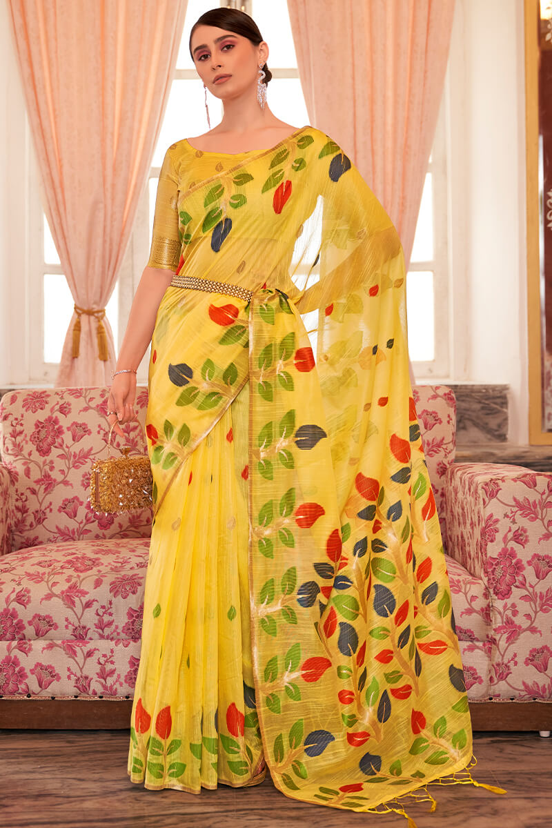 Excellent Yellow Cotton Silk Saree With Confounding Blouse Piece
