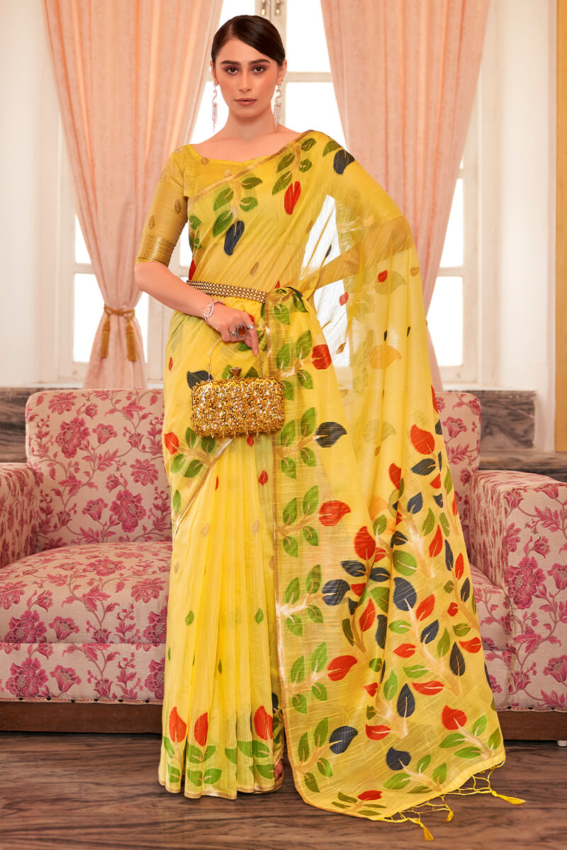 Excellent Yellow Cotton Silk Saree With Confounding Blouse Piece