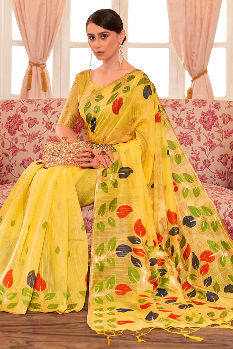 Excellent Yellow Cotton Silk Saree With Confounding Blouse Piece
