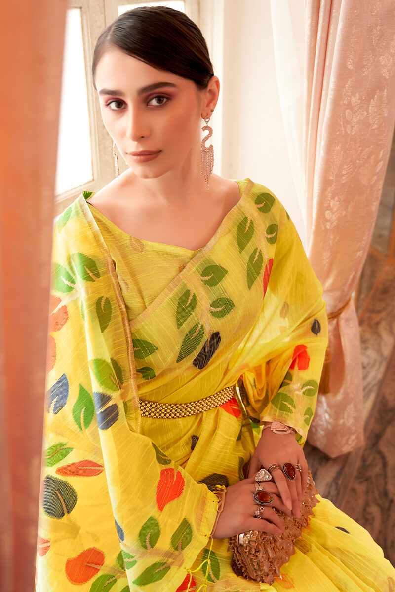 Excellent Yellow Cotton Silk Saree With Confounding Blouse Piece