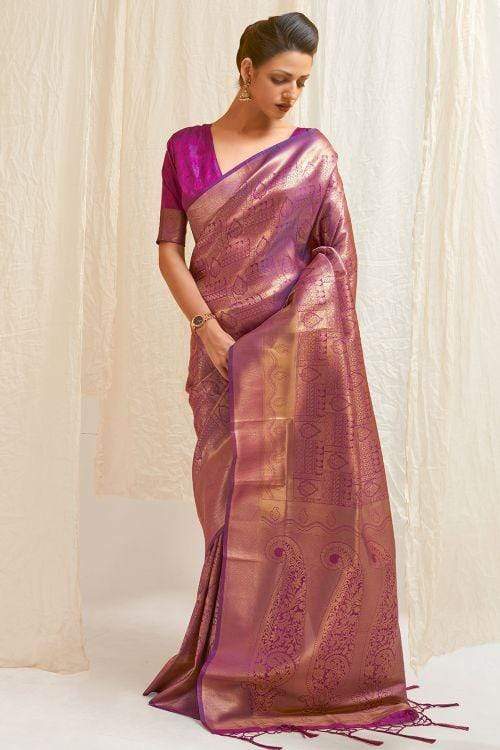 Eye-catching Purple Kanjivaram Silk Saree With Engaging Blouse Piece