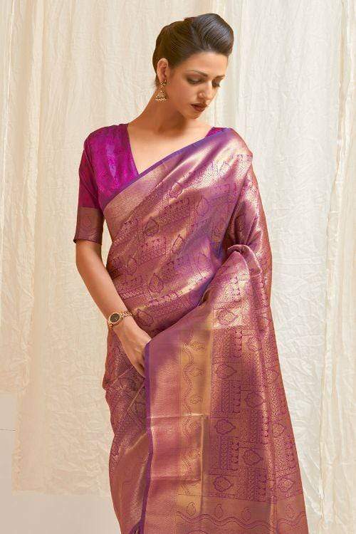 Eye-catching Purple Kanjivaram Silk Saree With Engaging Blouse Piece