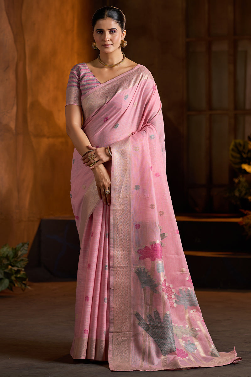 Pretty Baby Pink Cotton Silk Saree With Wonderful Blouse Piece