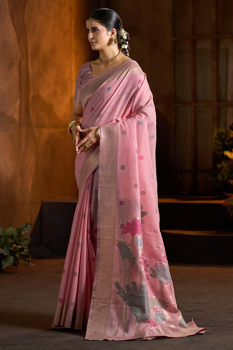 Pretty Baby Pink Cotton Silk Saree With Wonderful Blouse Piece