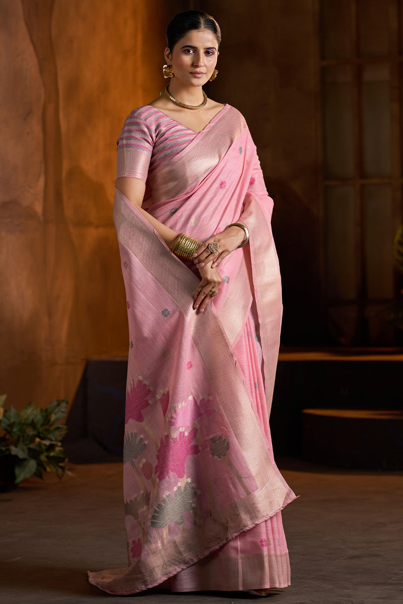 Pretty Baby Pink Cotton Silk Saree With Wonderful Blouse Piece