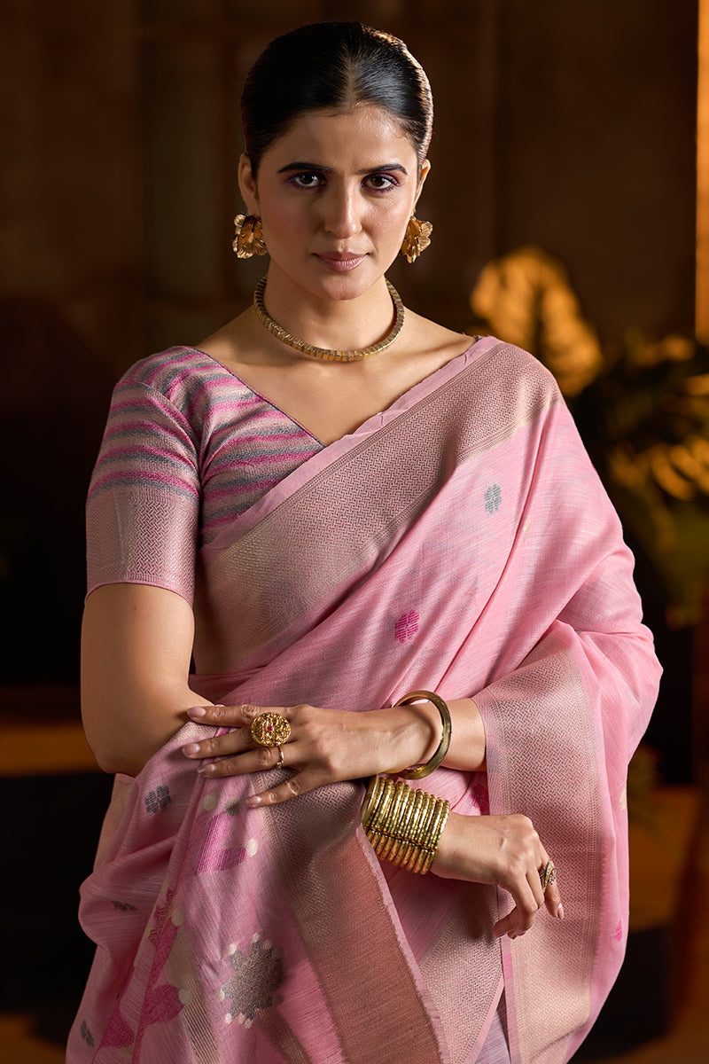 Pretty Baby Pink Cotton Silk Saree With Wonderful Blouse Piece