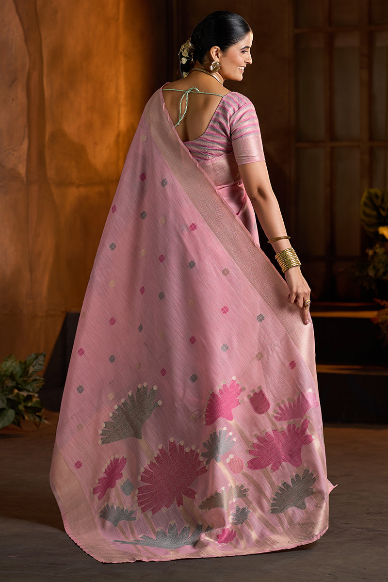 Pretty Baby Pink Cotton Silk Saree With Wonderful Blouse Piece