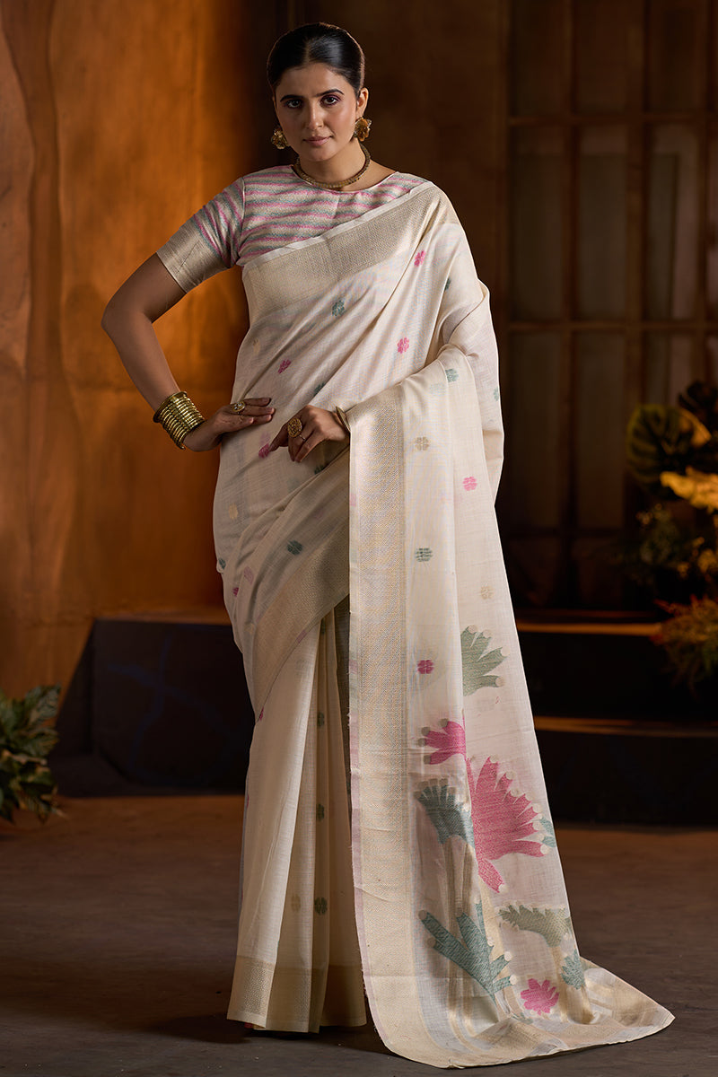 Scrumptious Beige Cotton Silk Saree With Desuetude Blouse Piece