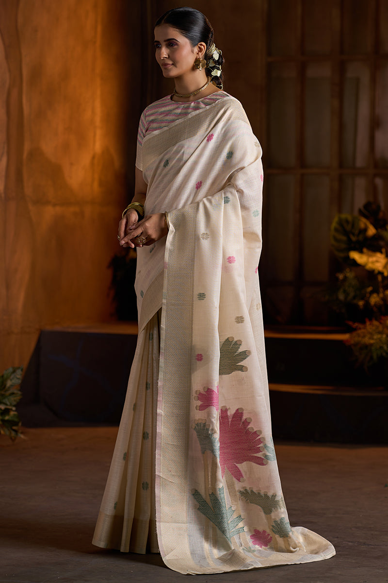 Scrumptious Beige Cotton Silk Saree With Desuetude Blouse Piece