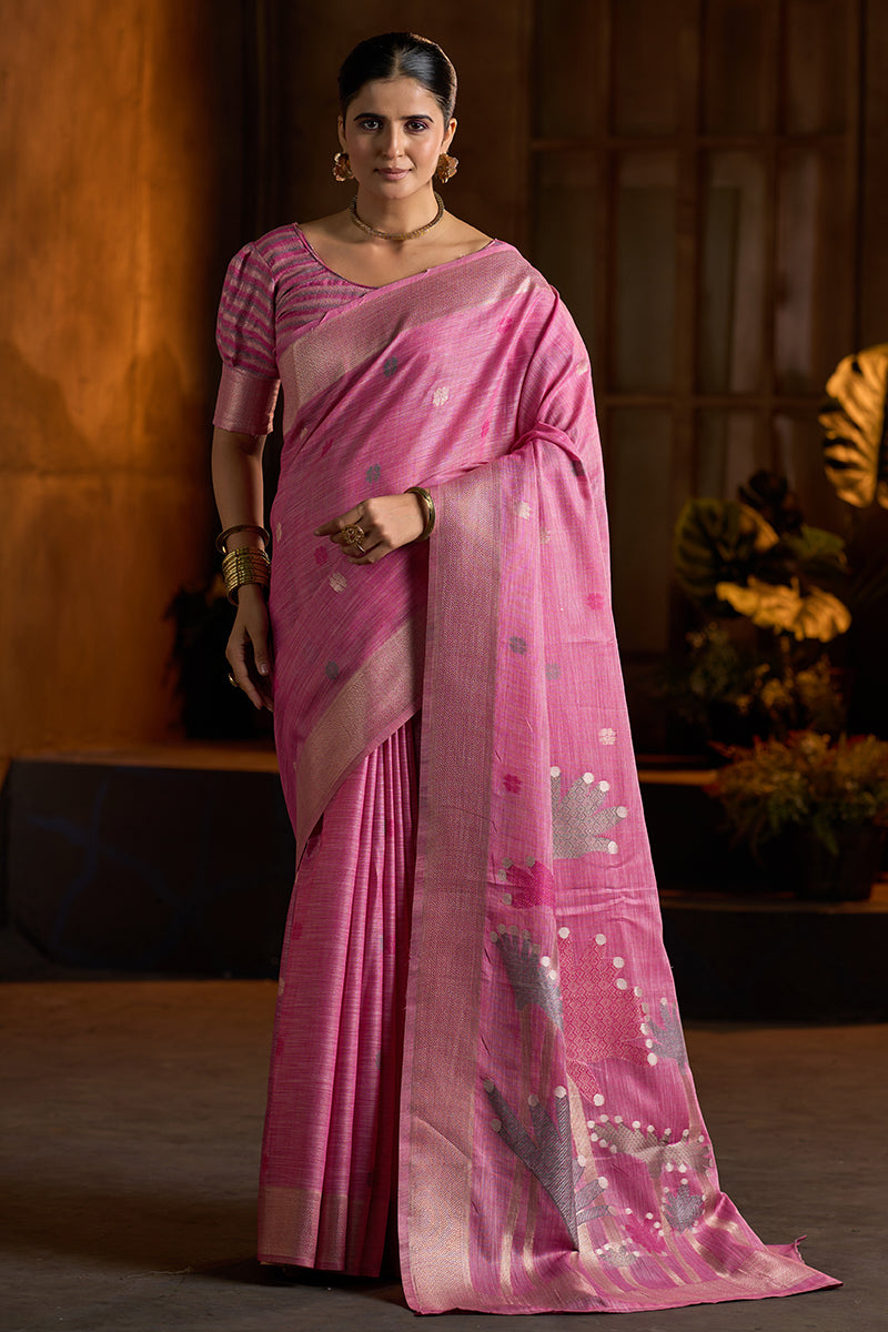 Glowing Dark Pink Cotton Silk Saree With Zephyr Blouse Piece