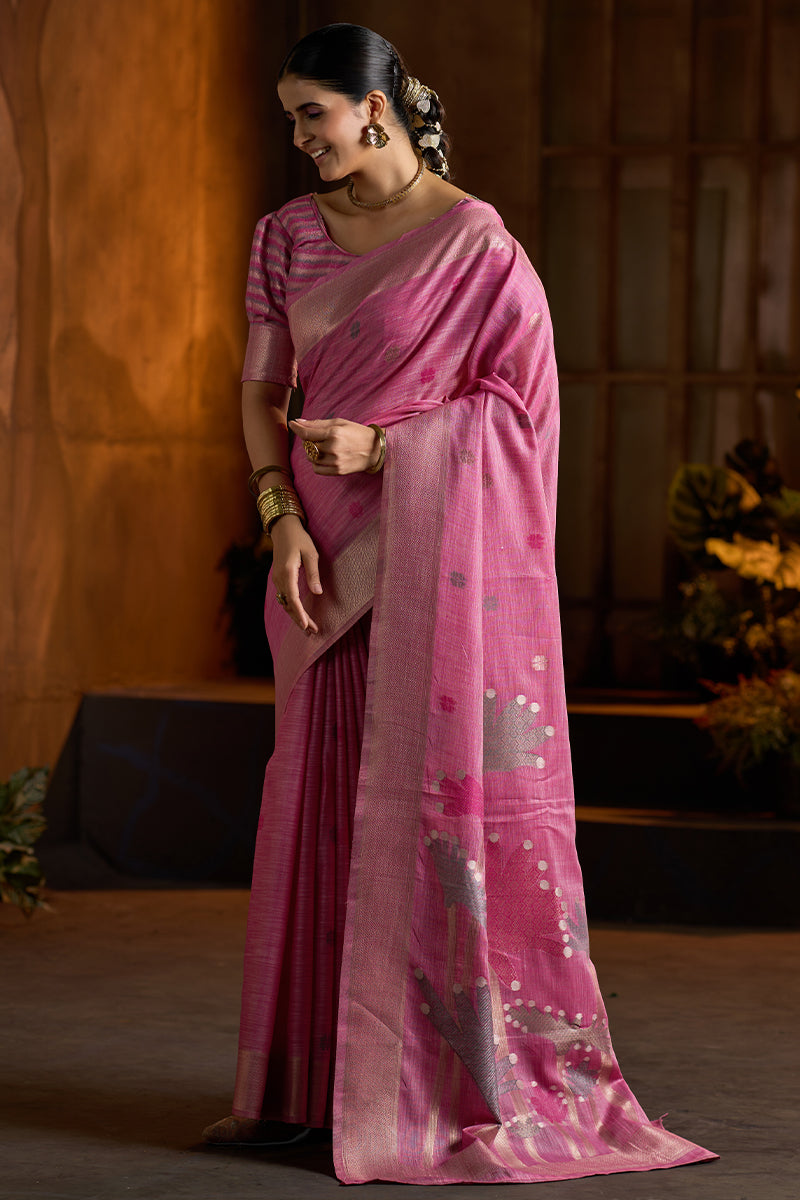 Glowing Dark Pink Cotton Silk Saree With Zephyr Blouse Piece