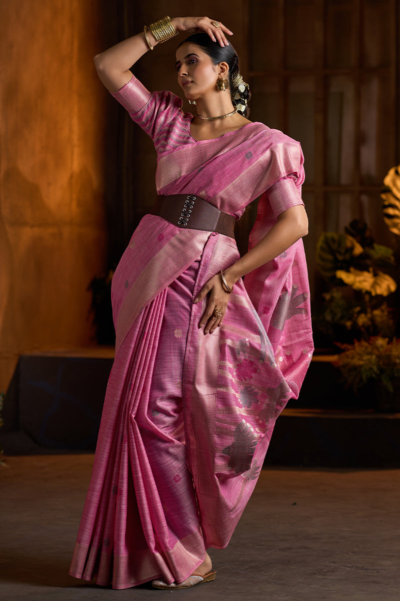 Glowing Dark Pink Cotton Silk Saree With Zephyr Blouse Piece